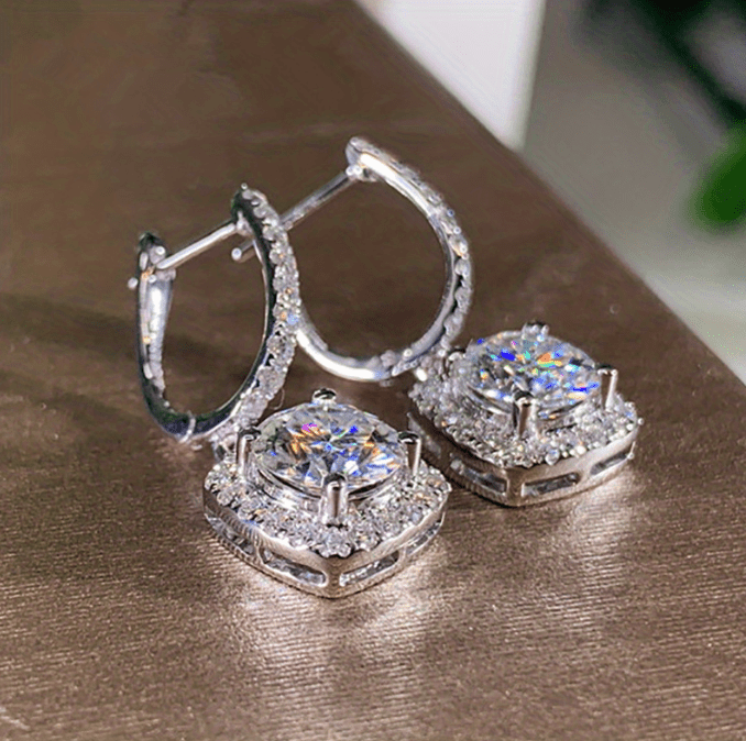 Sterling 925 Silver Ear Jewelry Square Shape Shiny zirconia Decor Dangle Earrings Luxury Style Banquet Party Ear Ornaments