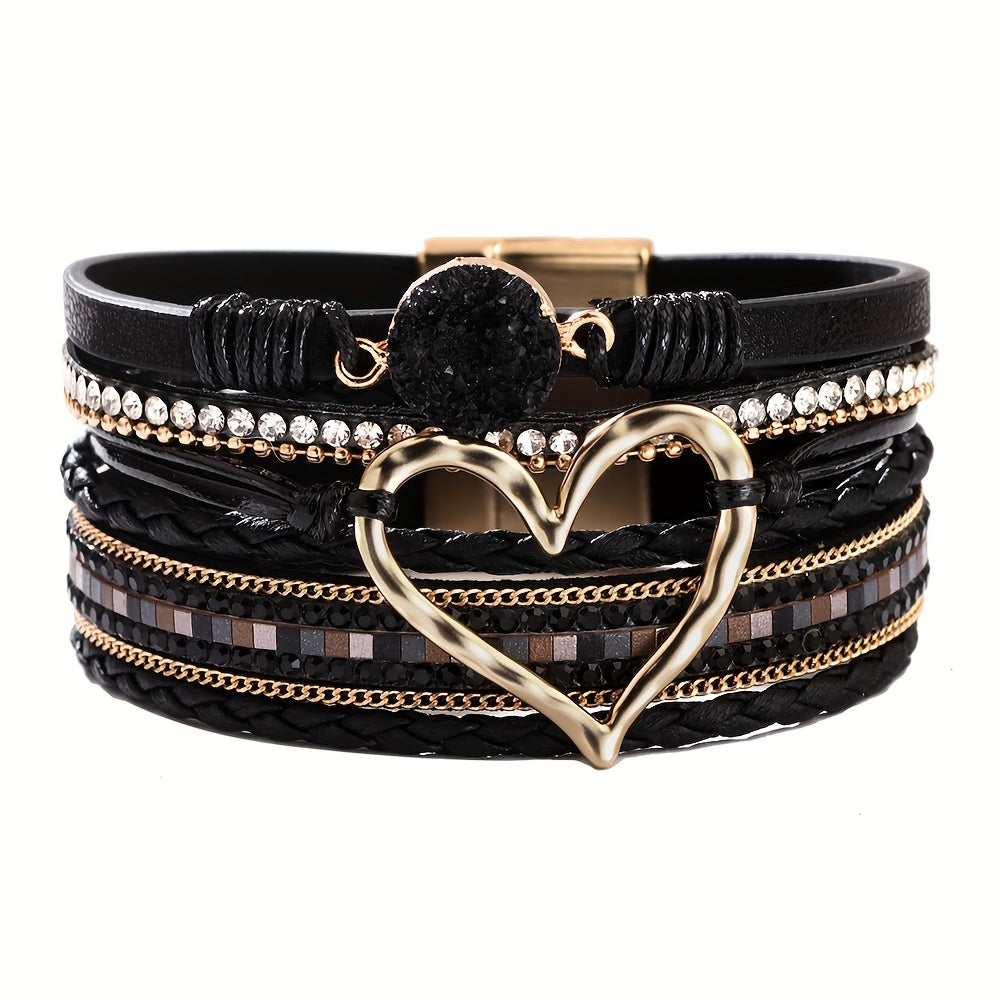 Bohemian Multi-layer Leather Bracelet Hand-woven Bracelet Golden Big Heart Ladies Fashion Bracelet