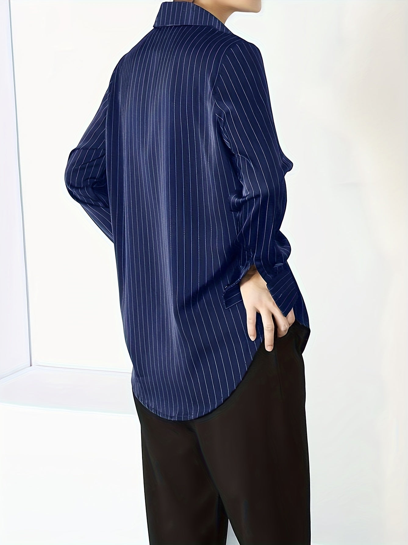 Striped Button Up Chest Pocket Blouse, Elegant Lapel Collar Long Sleeve Blouse, Women's Clothing