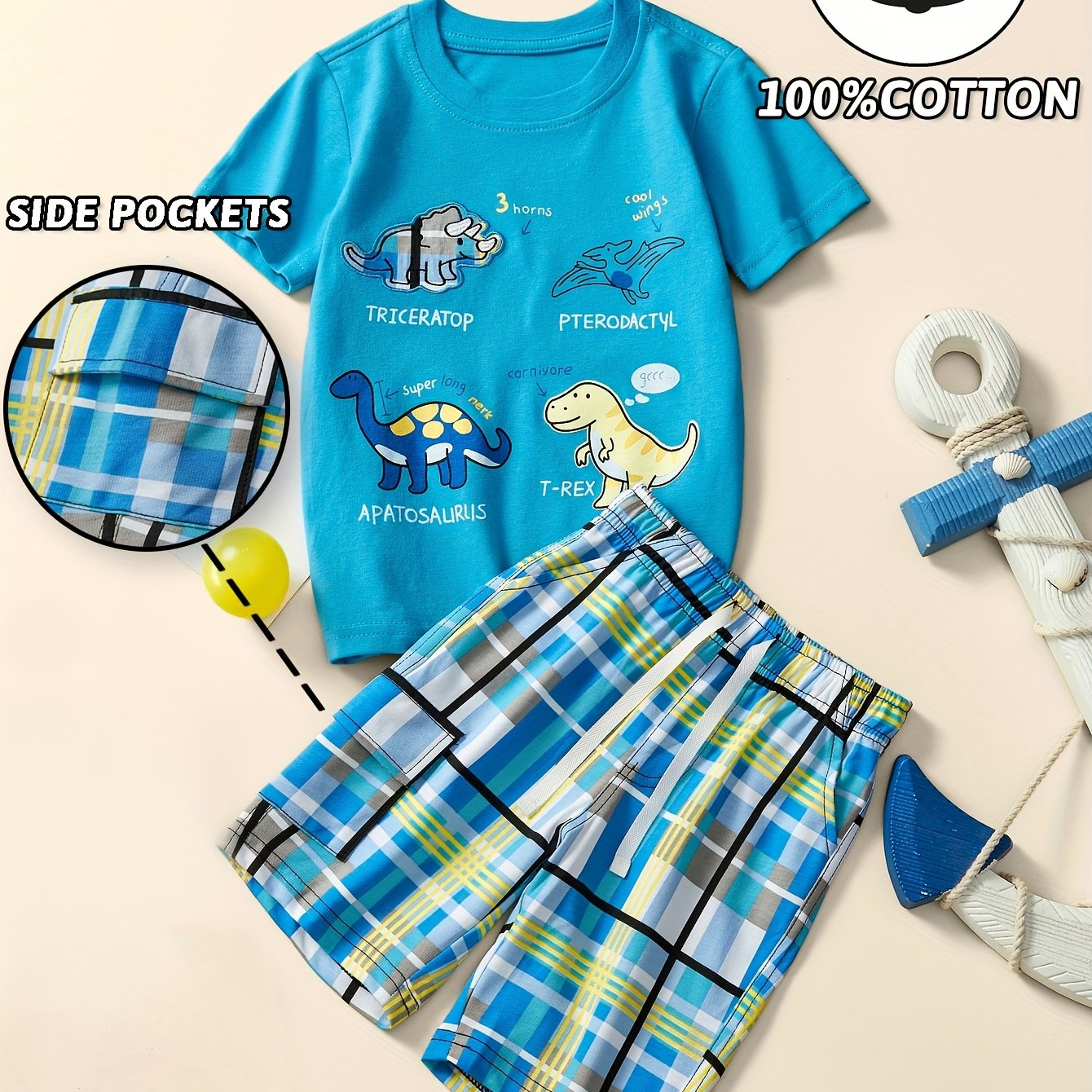 2pcs Set Kids Cotton Cartoon Dinosaur Short Sleeves Tshirt & Breathable Comfy Drawstring Plaid Shorts