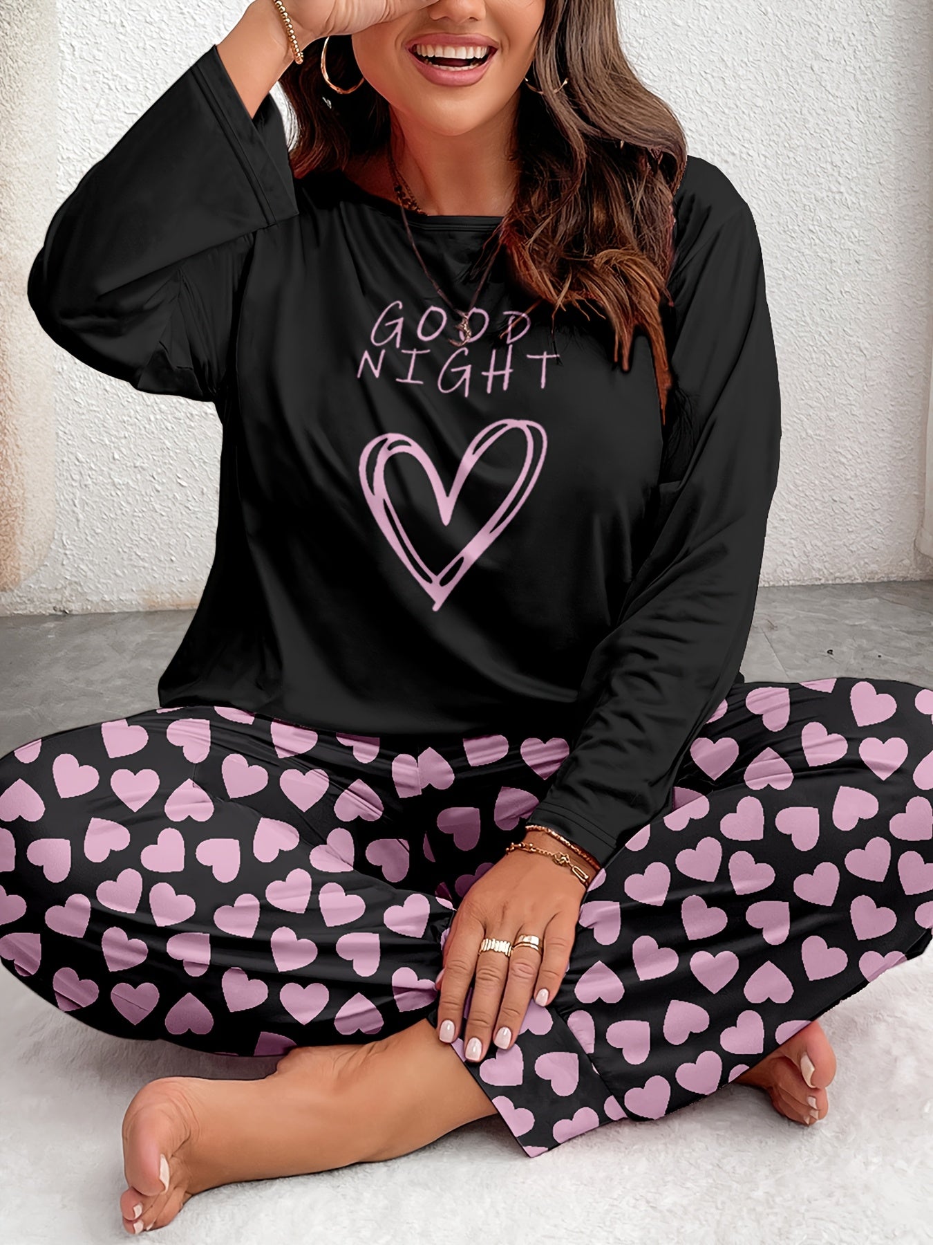 Women's Comfort Plus Size Heart Print Pajama Set - Long Sleeve and Pants, Soft Polyester Loungewear, Machine Washable, Autumn, Oversized, Heart Pattern, Long Sleeve Sleepwear Set