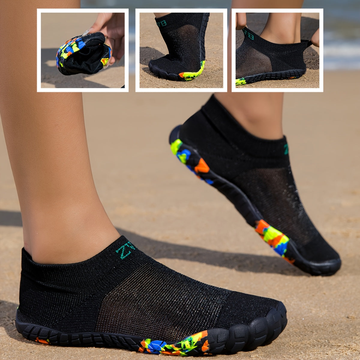 ZVB Women's All-Terrain Water Shoes - Slip- Rubber Sole & Arch, Breathable Quick- Slip-On/Wear, Lightweight Cushioned Insole for Swimming, Yoga, Surfing, Hiking, Beach - All-Season Indoor/ Aquatic Shoes with Elastic Woven Upp
