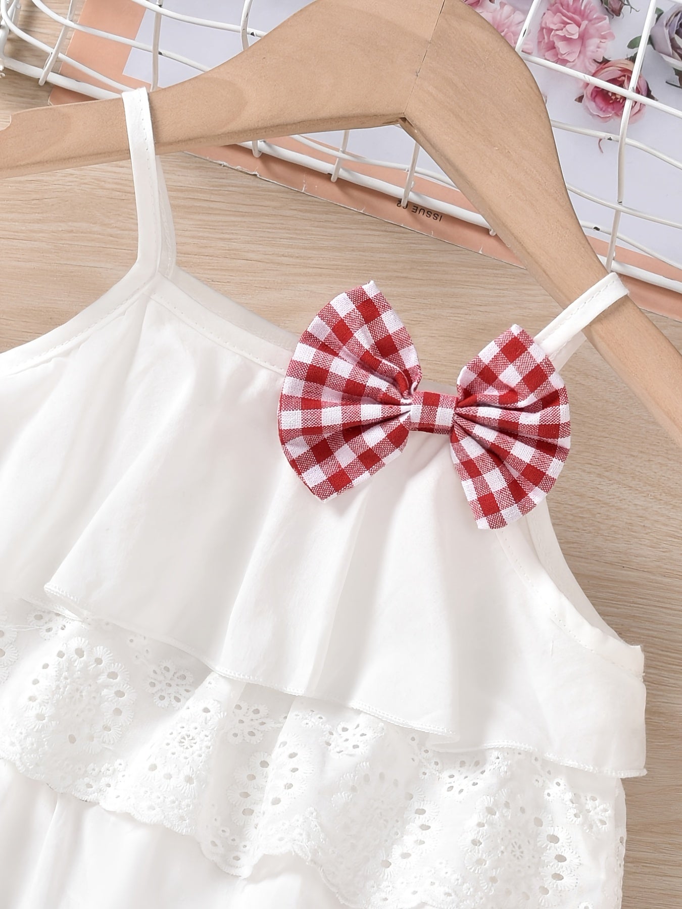 Cute Ruffle Lace Top & Check Shorts Two-Piece Set - White Blouse with Yellow Bow, Yellow & White Gingham Shorts, Perfect for Spring/Summer, Casual Playwear|Ruffle Detail Top|Nonstretch Fabric, for Outdoor