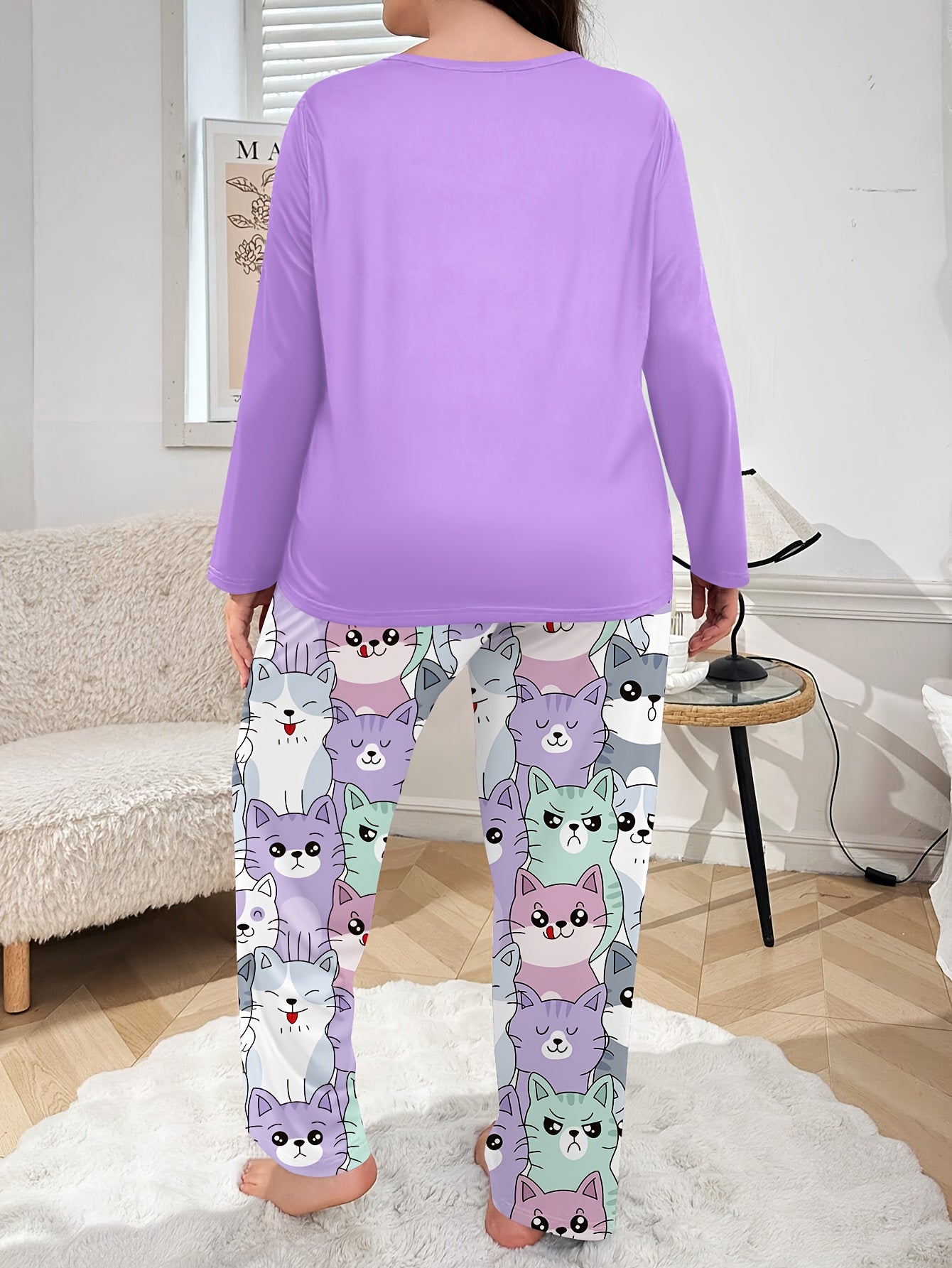 Plus Size - Plus Size Women'S Cozy Long Sleeve Pajama Set with Adorable Print - Soft Purple &, All-Season Comfort, Casual Home Wear, Perfect for Fall & Winter