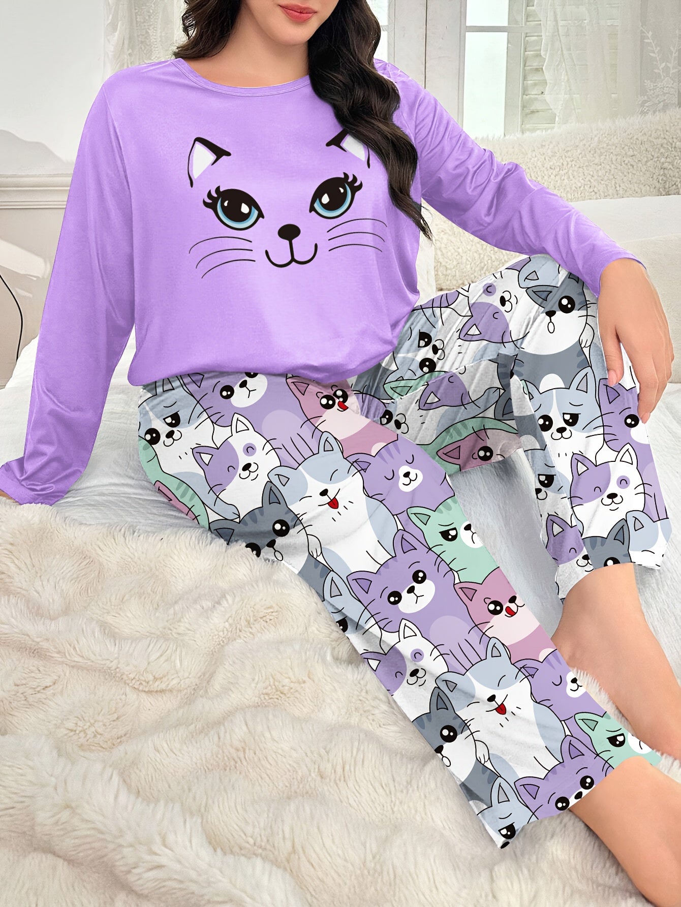 Plus Size - Plus Size Women'S Cozy Long Sleeve Pajama Set with Adorable Print - Soft Purple &, All-Season Comfort, Casual Home Wear, Perfect for Fall & Winter