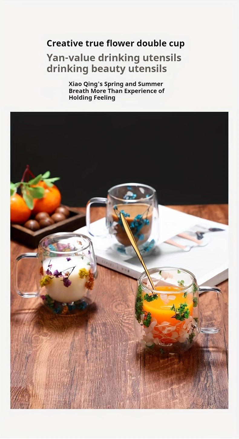 1pc, Flowers Inside Glass Coffee Mug, High Borosilicate Glass Double-Walled Espresso Coffee Cups, Heat Insulated Water Cups, Summer Winter Drinkware, Birthday Gifts