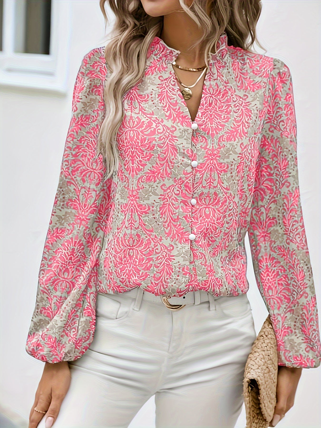 Allover Print Button Front Blouse, Casual Long Sleeve Blouse For Spring & Fall, Women's Clothing
