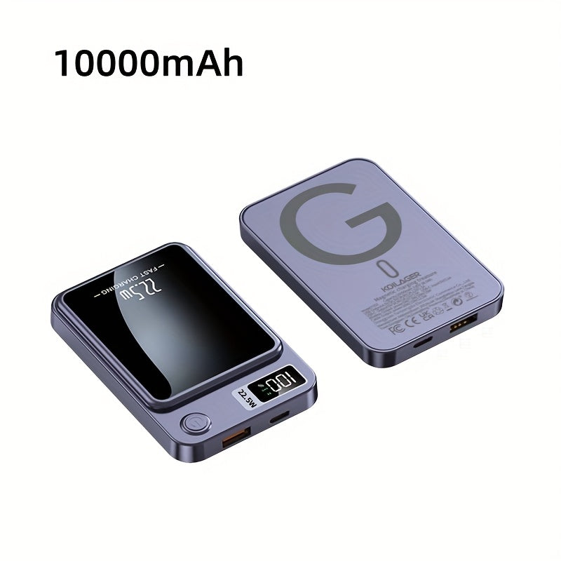1pc KOILAGER 10000mAh Portable Power Bank with Ultrathin Magnetic Wireless Charging, 22.5W Super Fast Charge, PD20W Bi-directional Fast Charging, 15W Wireless Power, LED Display, Dual Power USB/Type-C for iPhone 16/15pro/14ma