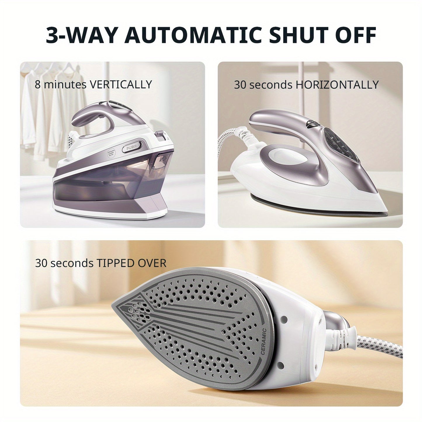 Steam Station Iron offers 5.5 bar pressure, a 1.5L water tank, a ceramic soleplate, an anti-limescale function, vertical steaming, three adjustable temperatures, cord storage, 2400W power, and comes in light purple., Steam Ir