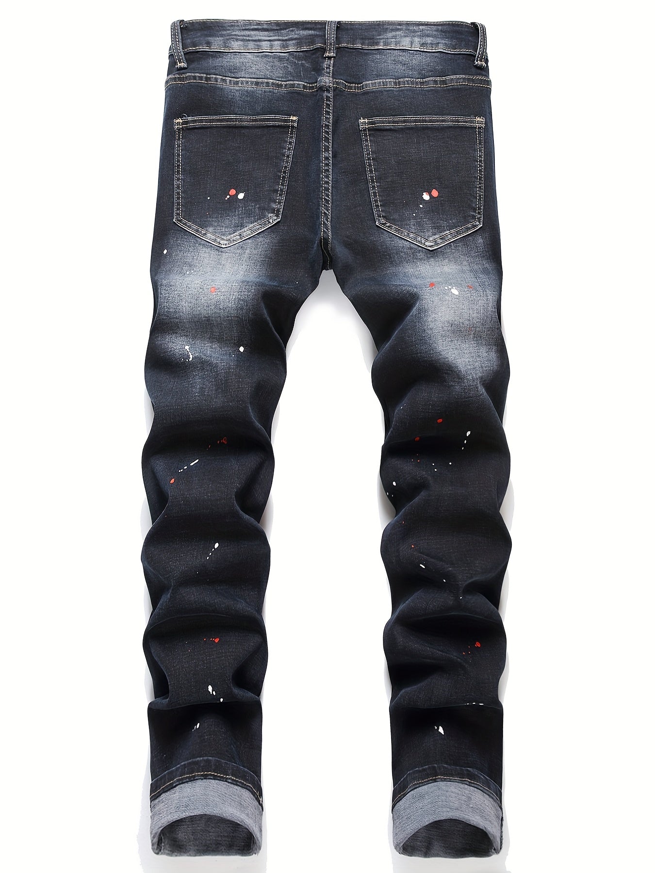 Patch Splatter Ripped Jeans, Men's Casual Street Style Distressed Slim Fit High Stretch Denim Pants For Spring Summer
