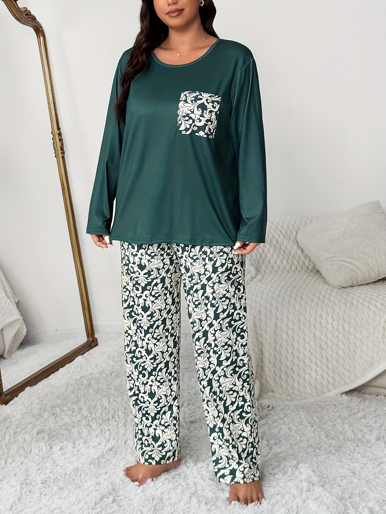 Plus Size Pocket Round Neck Long Sleeve Top and Geometric Floral Print Pants 2pcs Comfortable Casual Pajama Set