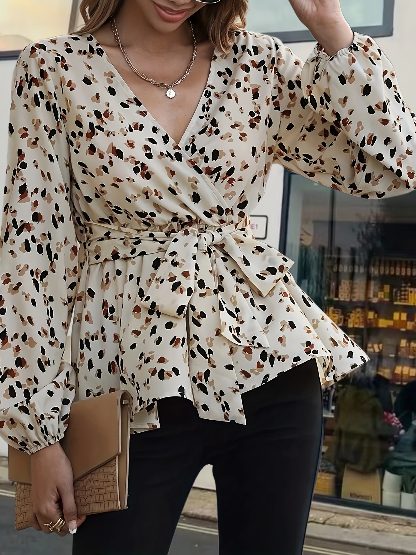 Allover Print Tie Waist Blouse, Vintage V-neck Lantern Sleeve Blouse For Spring & Fall, Women's Clothing