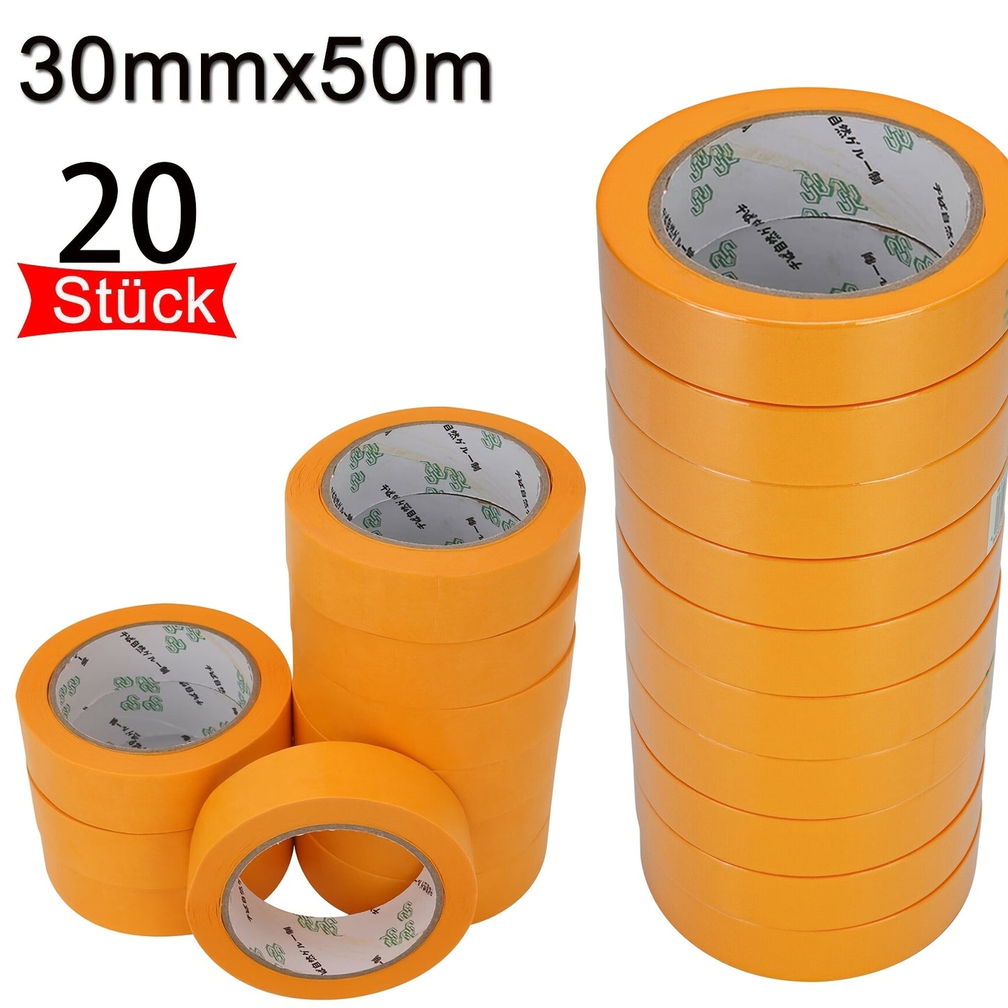 20pcs Orange Painter's Tape, 30mm x 50m - Removable Adhesive for Walls, Automotive, and Home Decor, No Solution Needed, Strong Bond to Concrete Surfaces, Wall Sticker | Consistent Width | Strong Adhesive