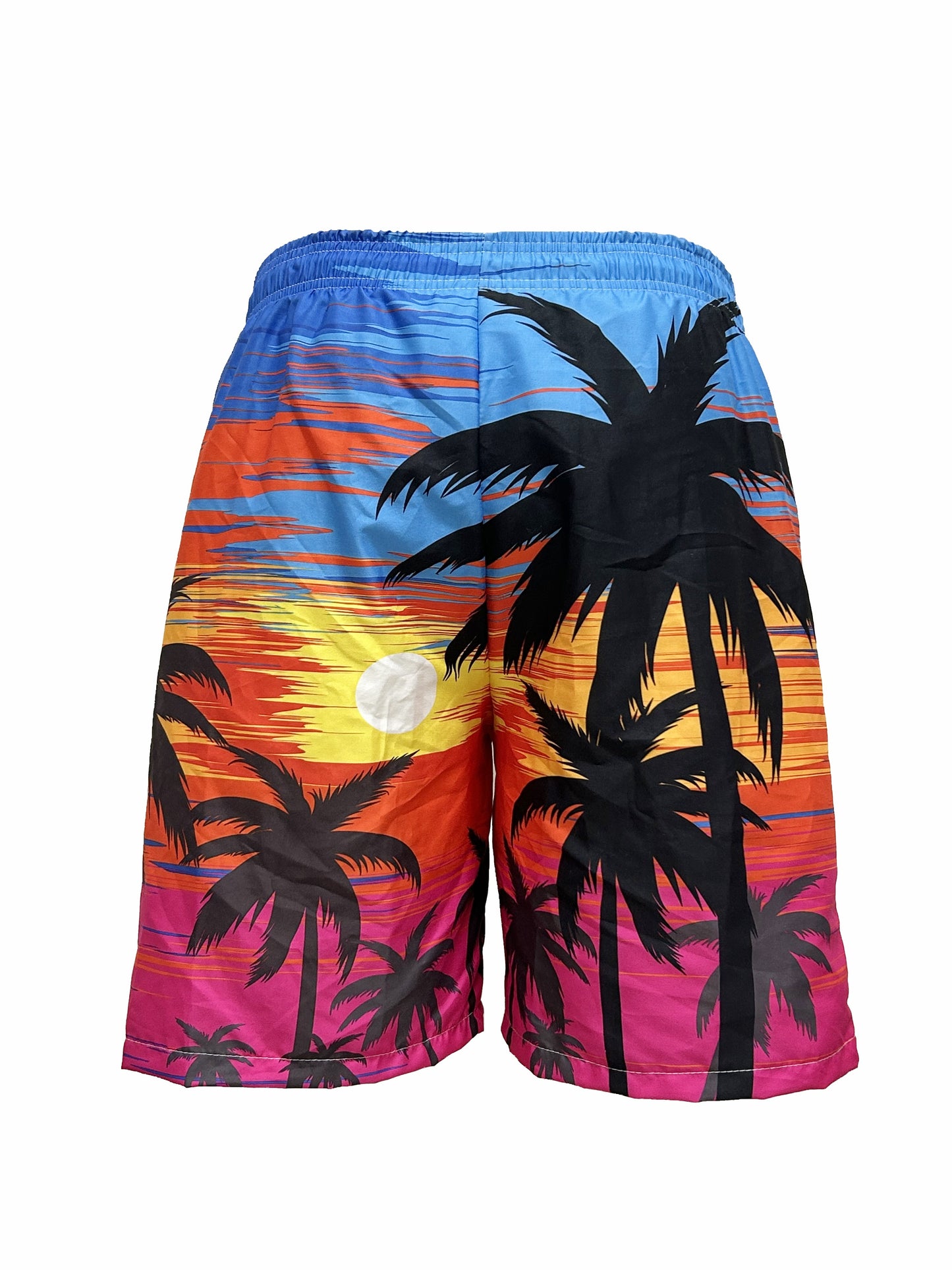 Quick Drying Comfortable Breathable Gradient Palm Tree At Dawn Seaside Drawstring Swim Trunks, Men's Board Shorts Swimwear For Summer Vacation Resort Beach Pool
