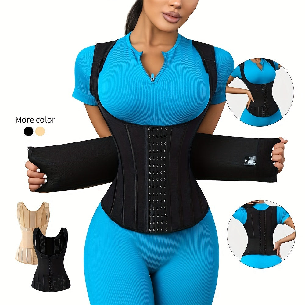Polyamide Women's Waist Trainer Corset - Back Support with Dual Waist Straps, Adjustable Shoulder Straps, Hard Control Knit Fabric Cincher, Breathable with Steel Frame Support, 72.7% Polyamide 27.3% Elastane, Washable - 1 Pc