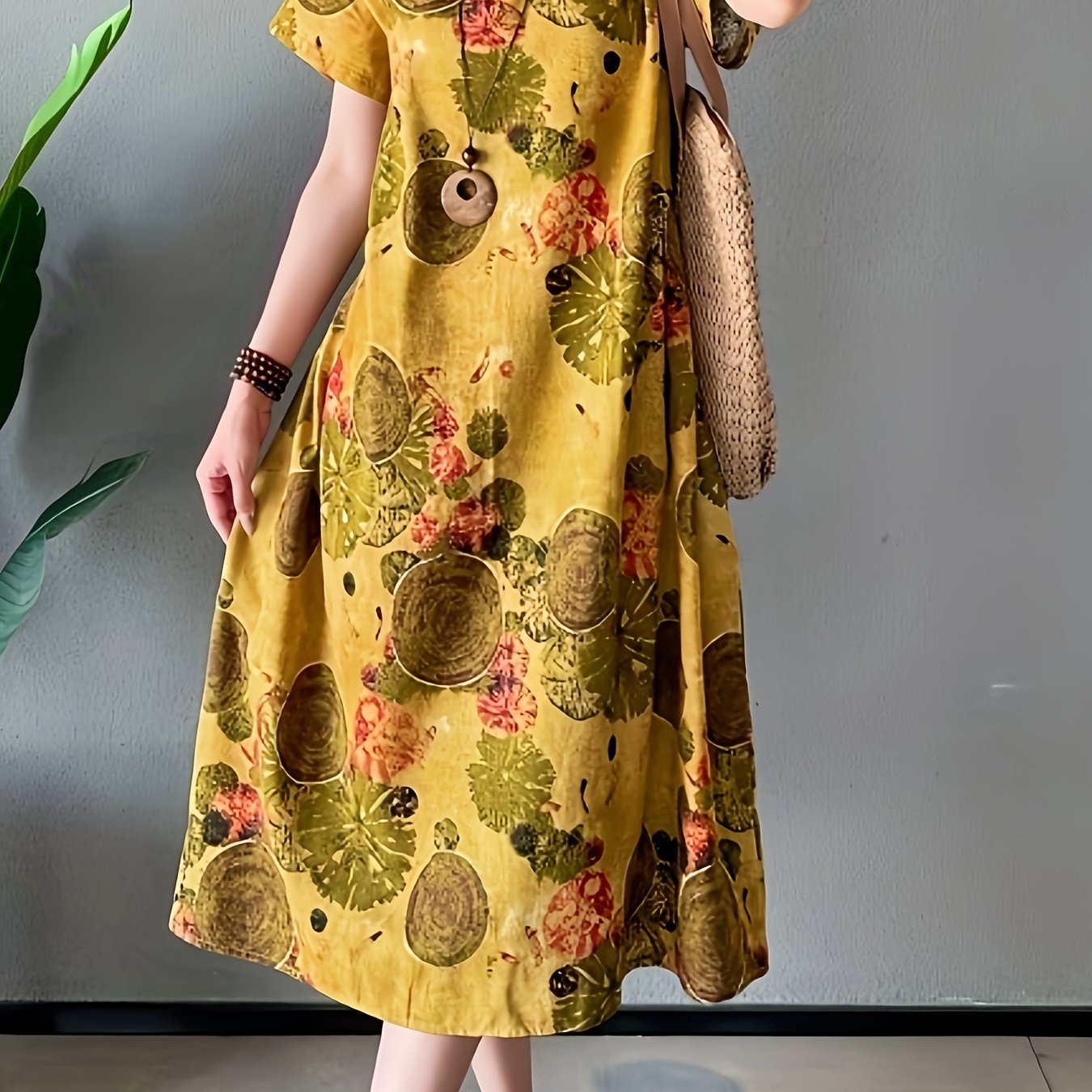 1pc Elegant Linen Tunic Dress for Women, 100% Linen Woven Crew Neck with Pocket Detail, Floral Print, Suitable for Spring/Summer/Fall