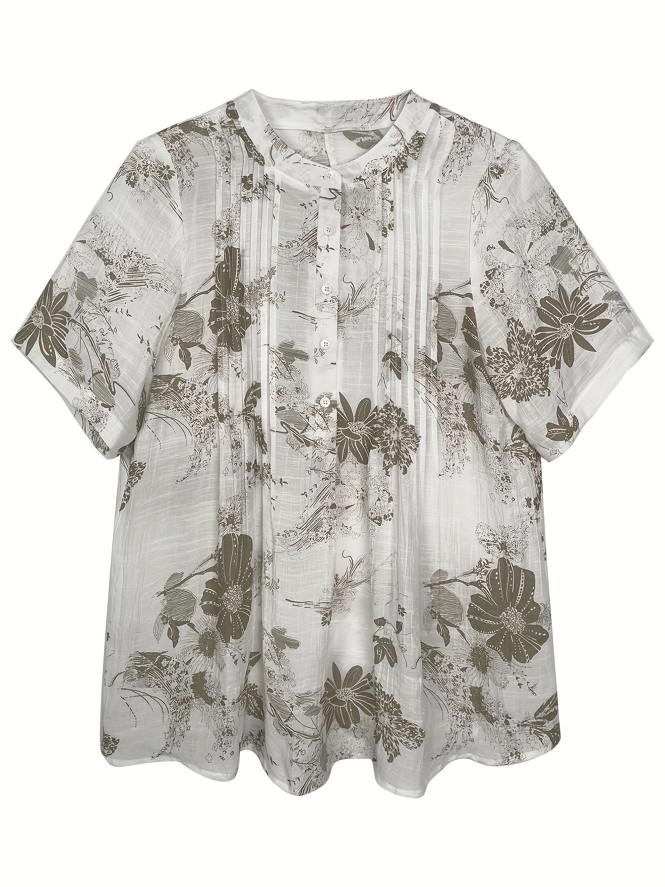 Women's Floral Print A-Line Blouse - Casual Short Sleeve, Round Neck with Front Button Detail, Lightweight Polyester Blend, Perfect for Spring/Summer