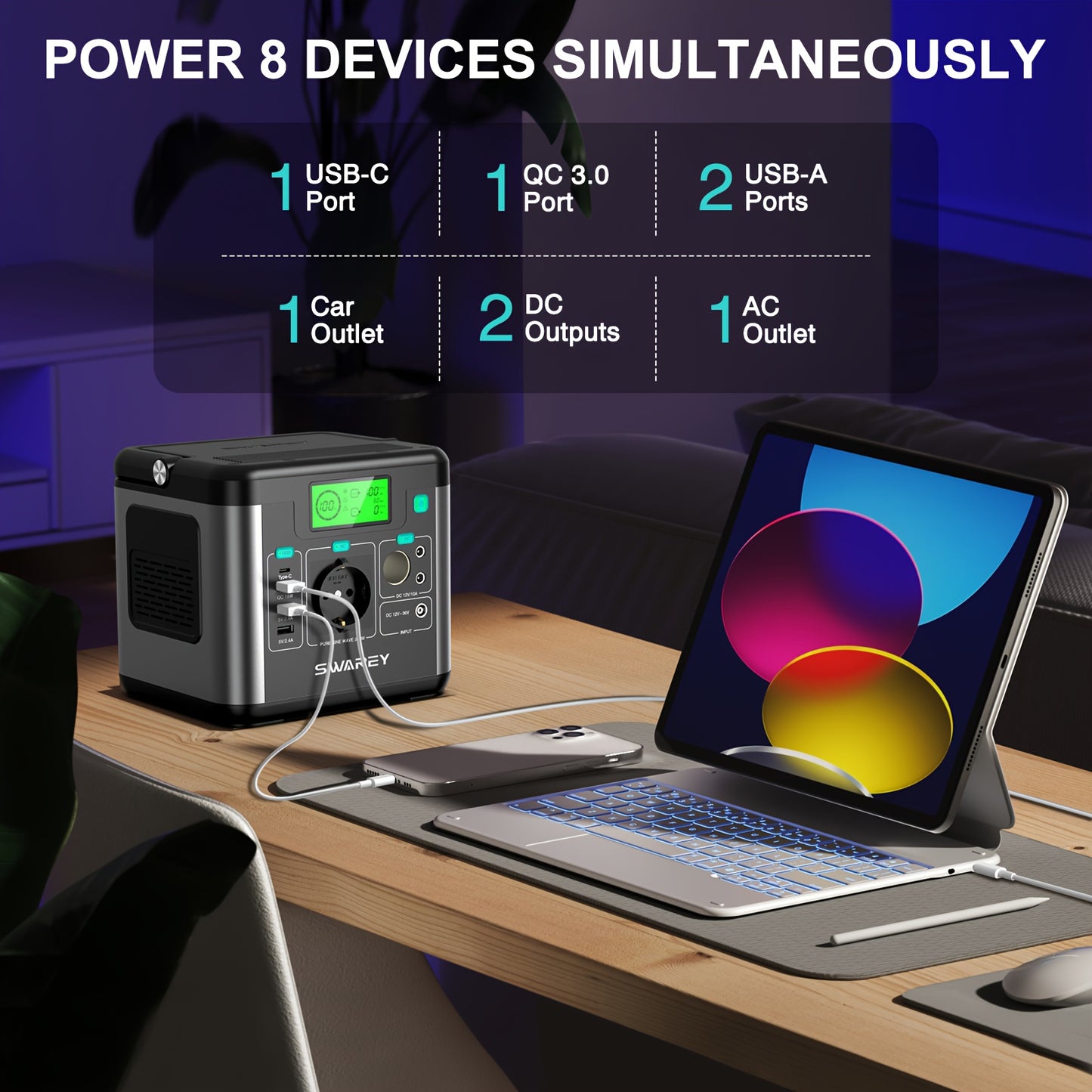 Swarey 300W Power Station with 100W Solar Panel, Power Bank with AC Outlet, 222 Wh Portabale External Battery Pack, PD 65W Fast Charging Laptop Charger Battery for Business Travel Camping Home Emergency Outage Laptop Camera