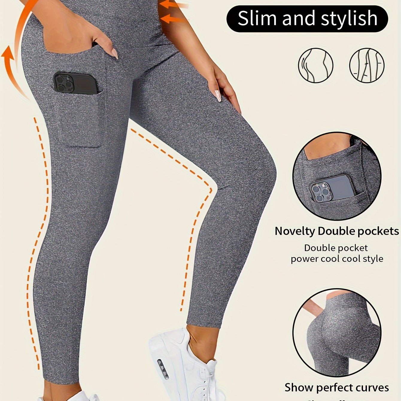 High-Waisted Leggings with Slim-Fit Double Pocket Design - Burgundy/Black/White/Navy Blue - All-Season Pants, Tummy Control & Butt-Lifting for,, Casual Wear - Hand Washable Stretchy Bottoms