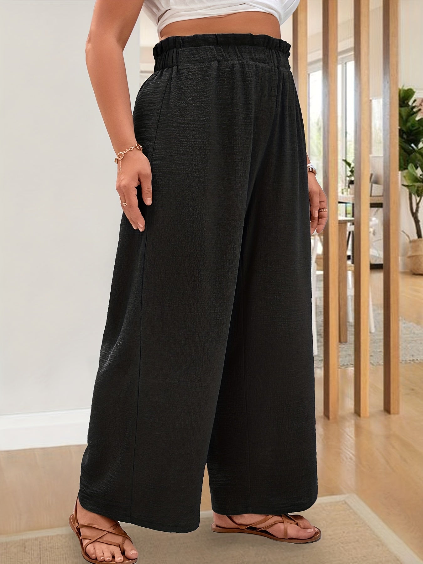 Plus Size Casual Pants, Women's Plus Plain High Rise Elastic Medium Stretch Wide Leg Pants