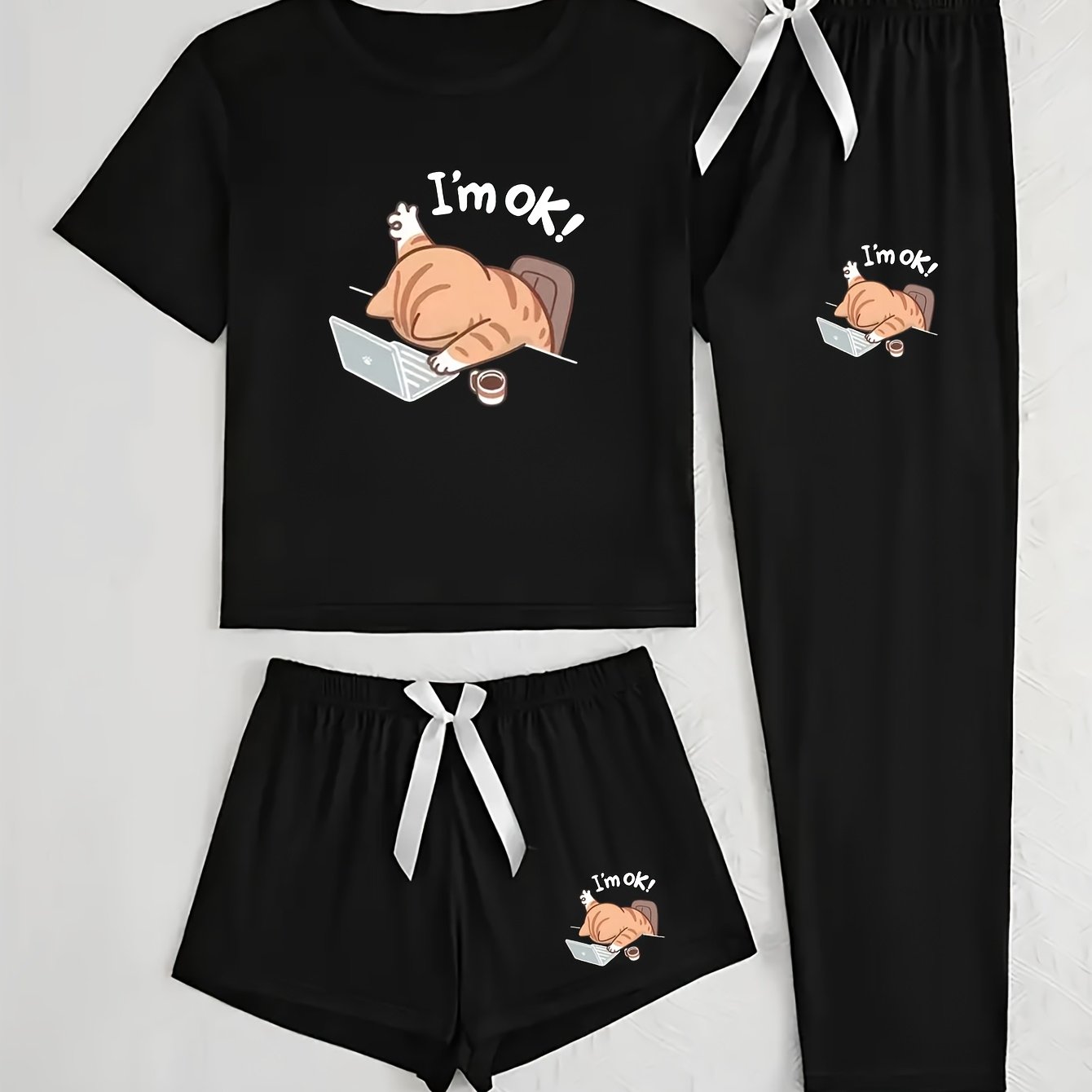 Women's 3pcs Pajama Set, Cartoon Work Kitten Print Short Sleeve Pajamas, Shorts and Longs - Bow Style, Suitable for Multiple Seasons