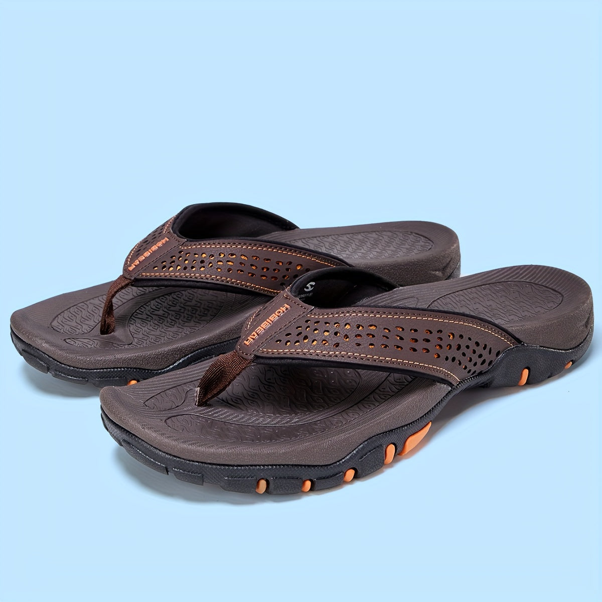 Men's Breathable Slip-On Sandals - Comfortable Non-Slip Beach Slippers with TPR Sole & EVA Cushion, Textured Traction Design, Durable PU Upper, Brown/Orange Accents - Extended Sizes Available, Summer Footwear | Stylish Comfor
