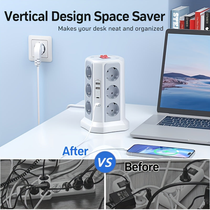 EU Multifunctional Power Tower Plug with 2 USB A Ports And 2 USB C Ports, HAFINO Triple 12-position Multi-socket Power Strip with PD 20W Fast Charging (4000W 16A) for Home And Office Scenarios