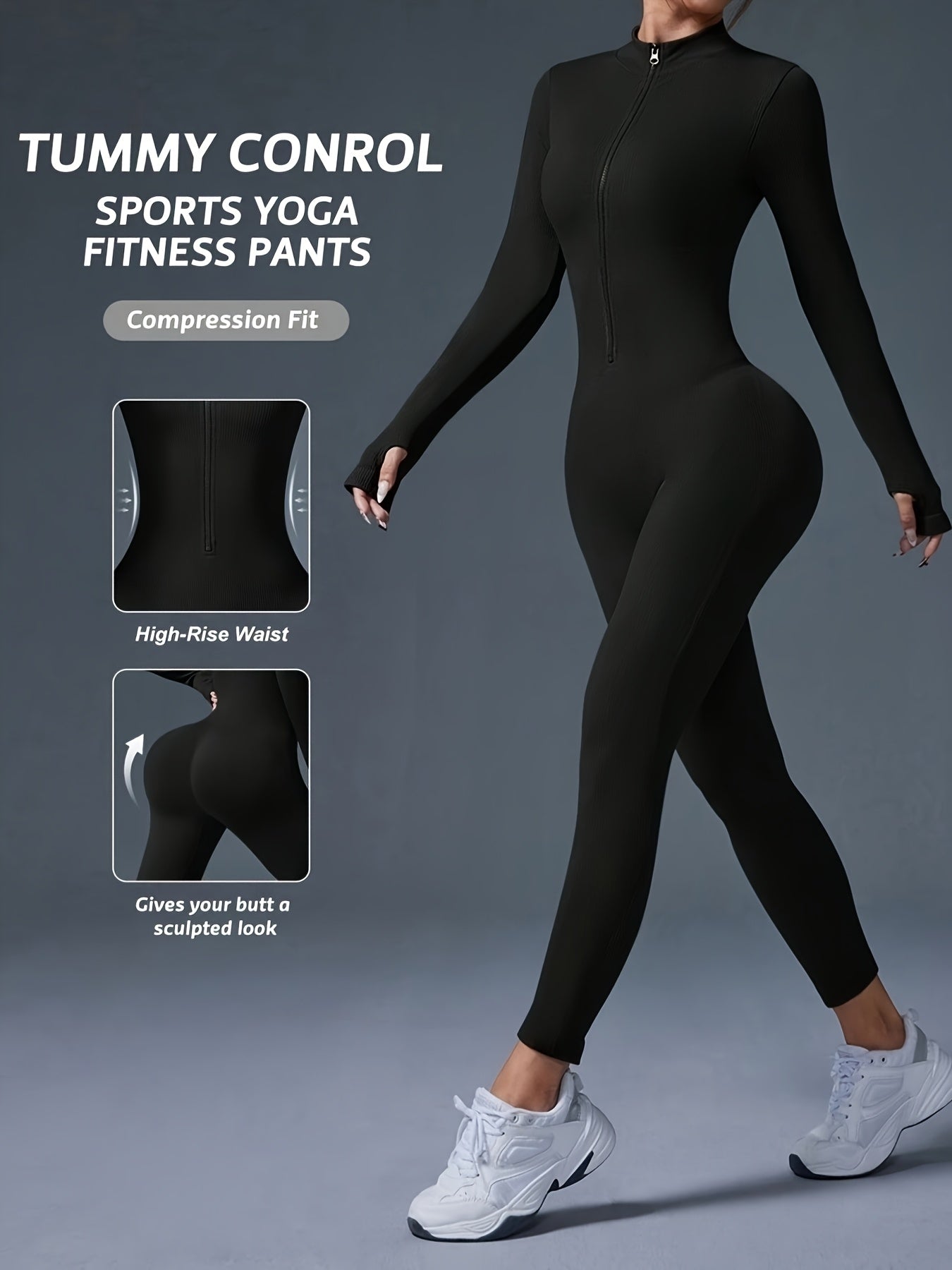 Women's Full-Length Zipper Jumpsuit - Full-Body Compression-like Fit (Tummy Control) - High-Elasticity Slim-Fit Long Sleeve Athleisure Suit for,, Dance - All-Season Outfit ( swear) - Easy-Care (No Bulk) -