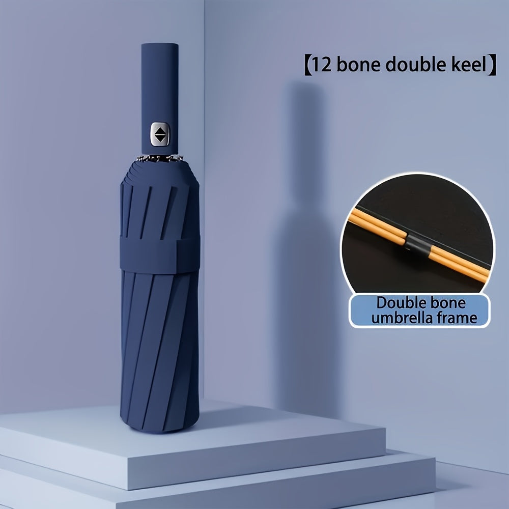 Large Automatic Folding Umbrella - Double Rib Design, Windproof &, 12 Ribs, Compact & Durable, Black with Orange Accents, Dual User Coverage, | Fashion Accessory | High-quality Fabric, Outdoor Umbrella