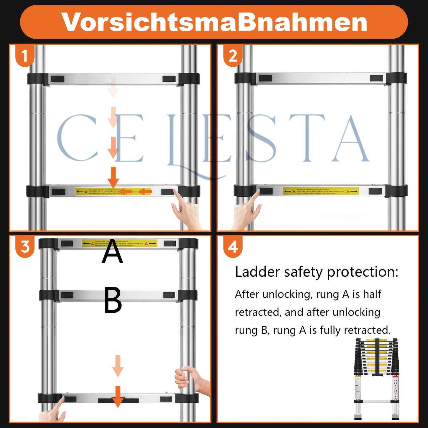 150kg Stainless Steel Ladder, 5m 4.4m 3.8m 3.2m 2.6m Telescopic Folding Ladder, Portable Safety Ladder, Suitable for Renovation And Maintenance, Garden Pruning, Orchard Picking, Warehouse Stocking, Ladder for Home, A Shape Ad