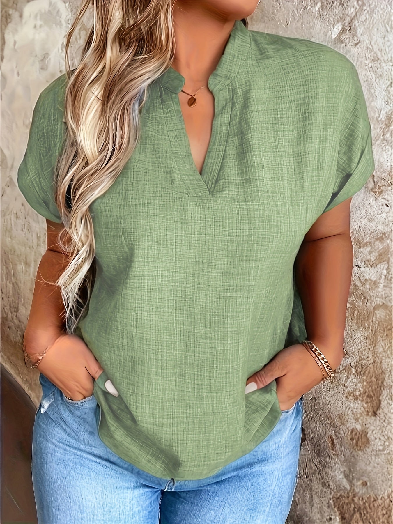 Women's Casual V-Neck Blouse with Small Stand-Up Collar - Vibrant Yellow Solid Color, Regular Fit, Machine Washable, Versatile for Spring Summer Fall, Seasonal Fashion Top, Sophisticated Casualwear, Lightweight Fabric, Everyd