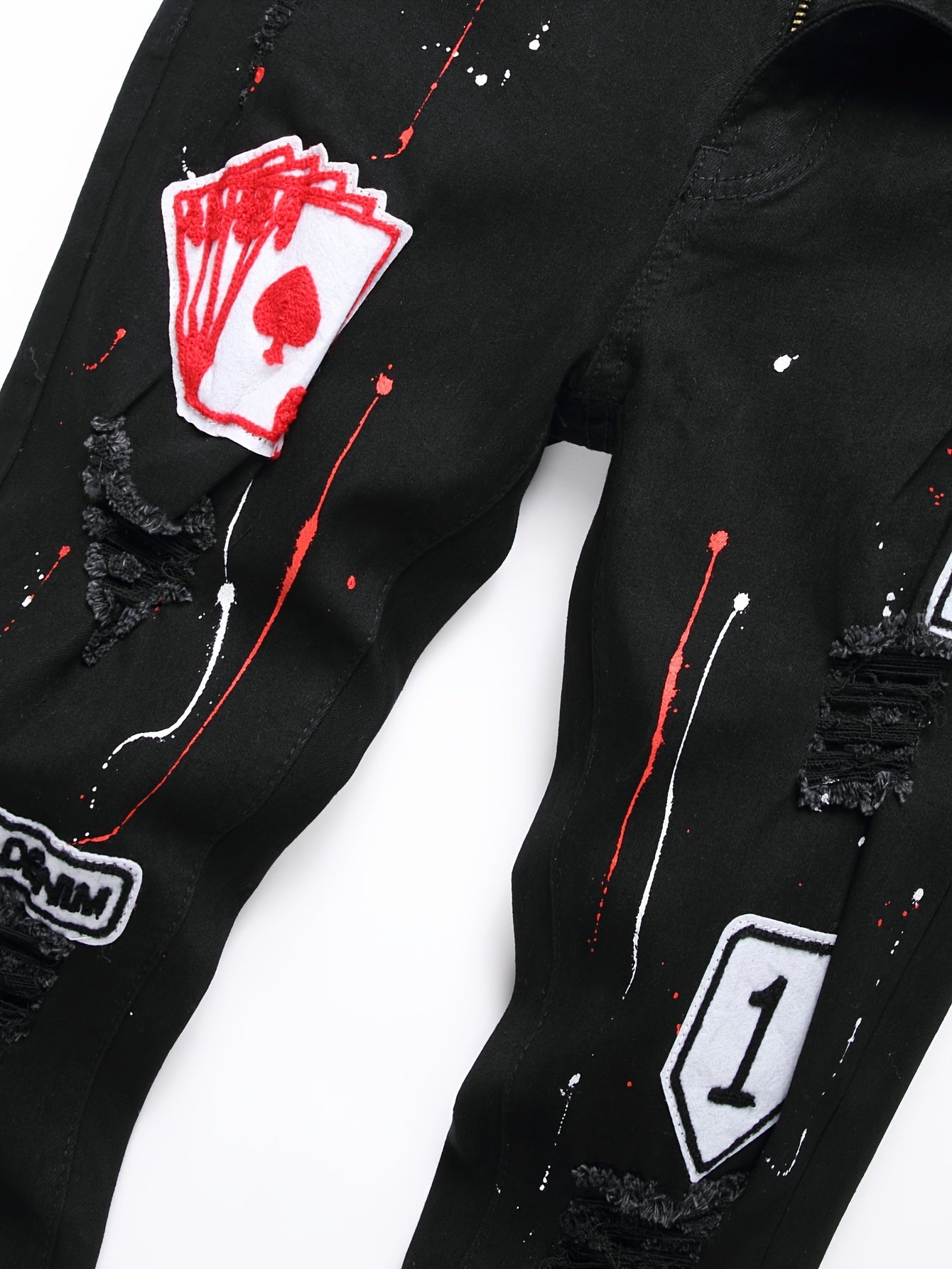Patch Splatter Ripped Jeans, Men's Casual Street Style Distressed Slim Fit High Stretch Denim Pants For Spring Summer