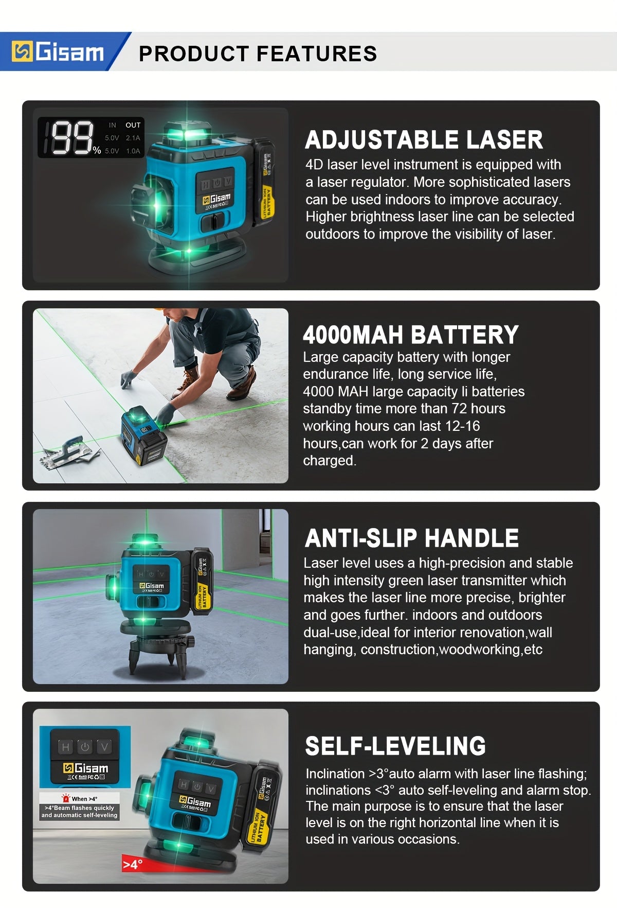 Gisam Multifunctional 16 Lines 4D Green Laser Level with Tripod & App Control, 360° Self-Leveling Horizontal & Vertical Cross Lines, USB & Battery Powered, Includes Carrying Case, Super-Powerful Beam, Portable Design for Ind