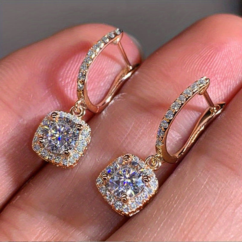 Sterling 925 Silver Ear Jewelry Square Shape Shiny zirconia Decor Dangle Earrings Luxury Style Banquet Party Ear Ornaments