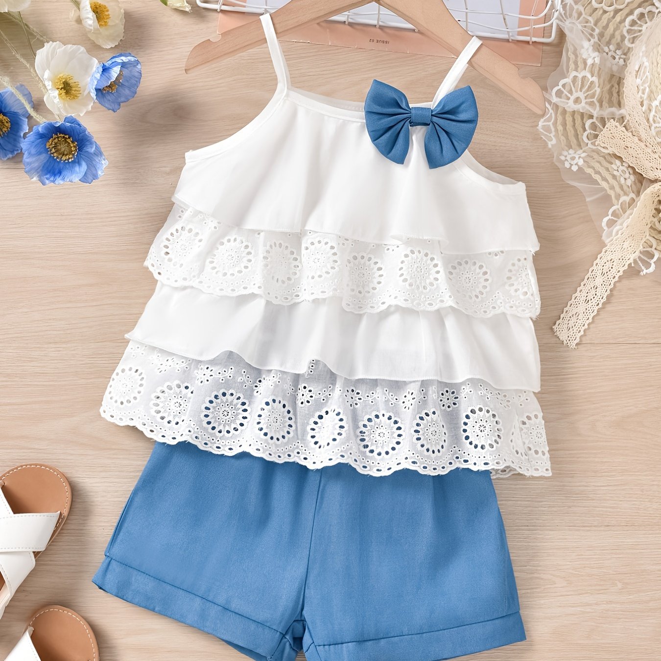 Cute Ruffle Lace Top & Check Shorts Two-Piece Set - White Blouse with Yellow Bow, Yellow & White Gingham Shorts, Perfect for Spring/Summer, Casual Playwear|Ruffle Detail Top|Nonstretch Fabric, for Outdoor
