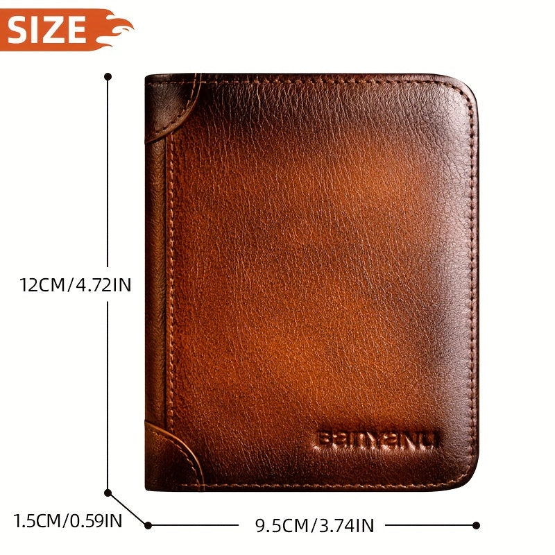 BANYANU Men'S Genuine Leather Short Wallet - Brown, Casual Style, Three-Fold Design, Multiple Card Slots, Anti-Theft Protection, Durable & Stylish for Everyday Use, Secure Card Holder | Casual Wallet | Genuine Leather Wallet