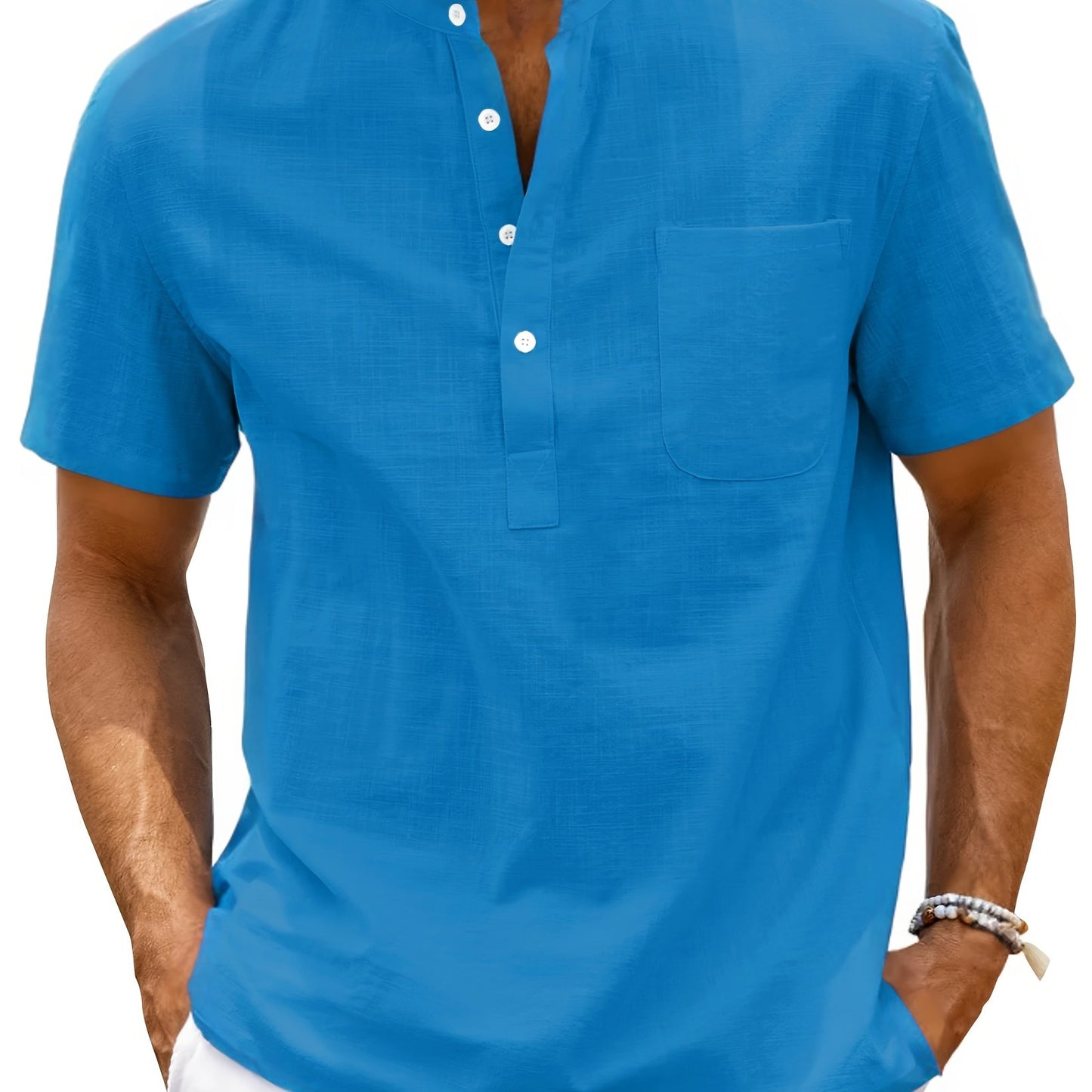 Camisa de homem, gola padre, manga curta, estilo Henley, ideal para o verão, uso casual, negócios e ocasiões formais.