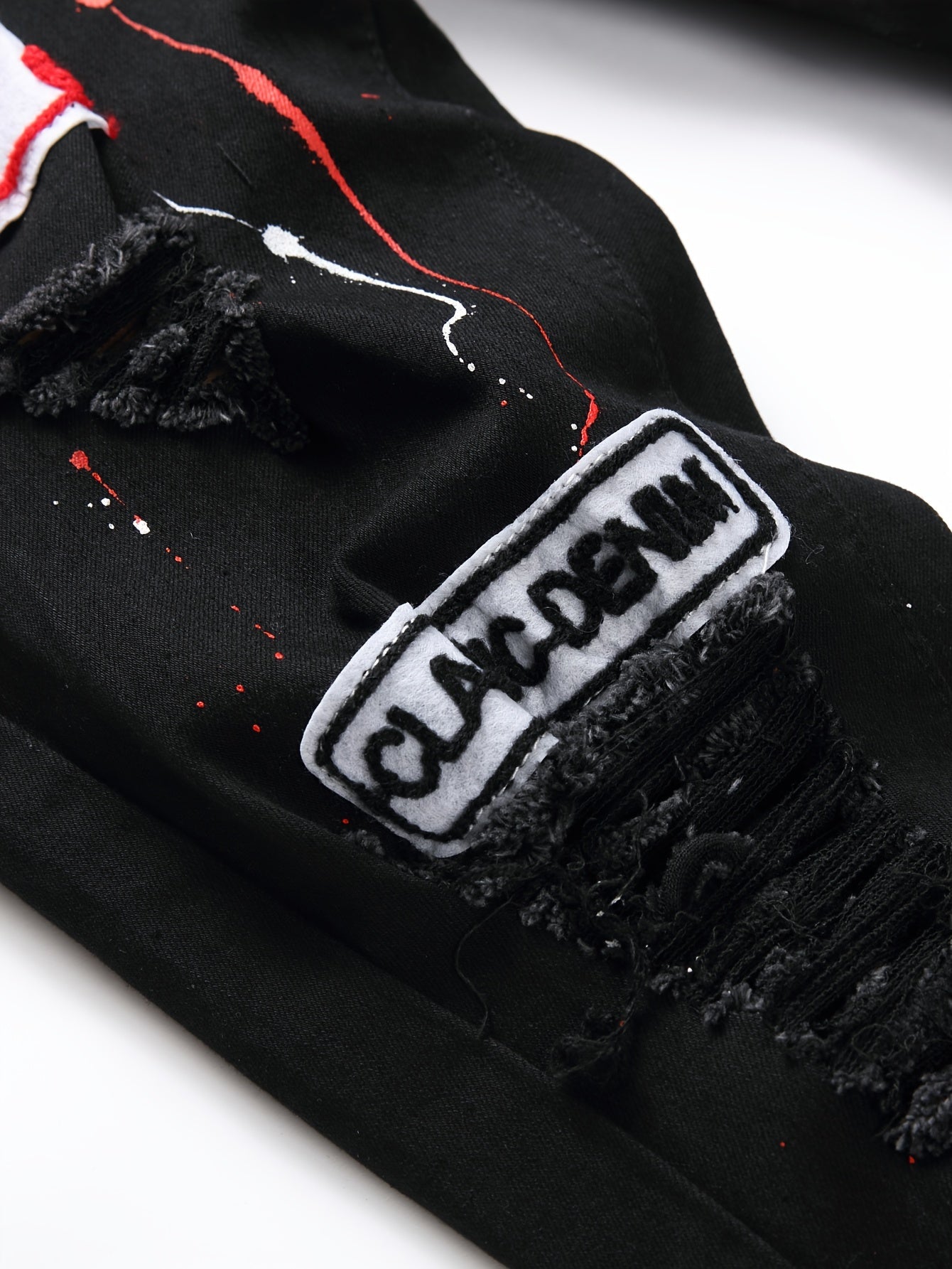 Patch Splatter Ripped Jeans, Men's Casual Street Style Distressed Slim Fit High Stretch Denim Pants For Spring Summer