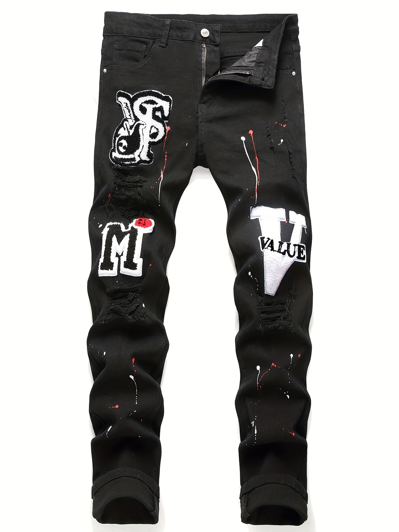 Patch Splatter Ripped Jeans, Men's Casual Street Style Distressed Slim Fit High Stretch Denim Pants For Spring Summer