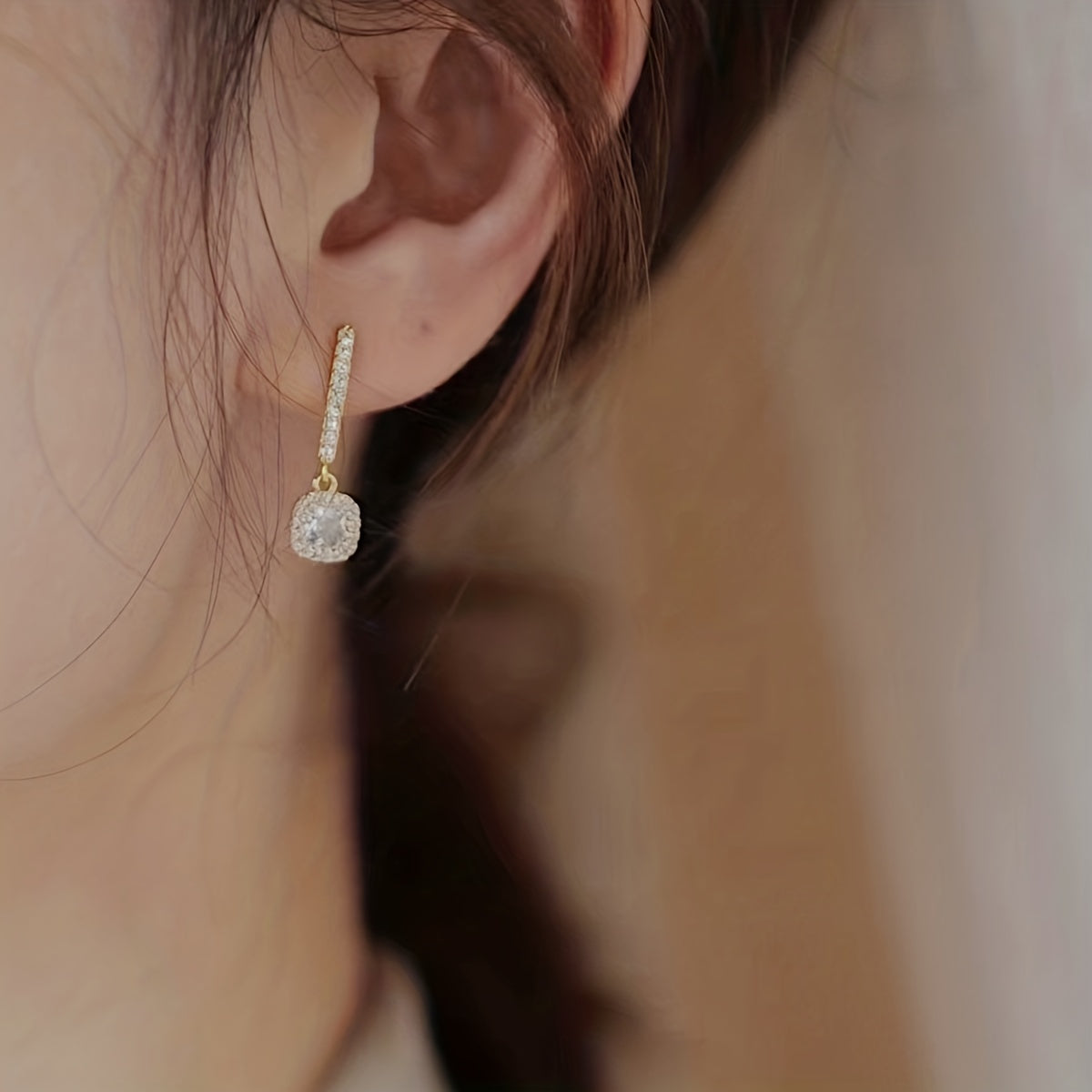 Square Shiny Zircon Decor Luxury Dangle Earrings Copper 14K Gold Plated Jewelry Exquisite Female Gift