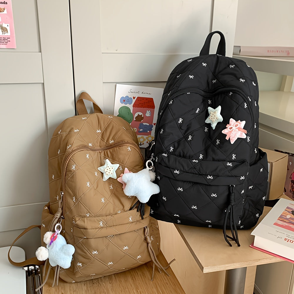 HUOHUO Large Capacity Backpack - Stylish Red & White Quilted Design with Star & Bow Accents, Adjustable Straps, Multiple Compartments, Perfect for School, Commuting, and Everyday Use, Backpack for School, Commuter Bag, Playfu