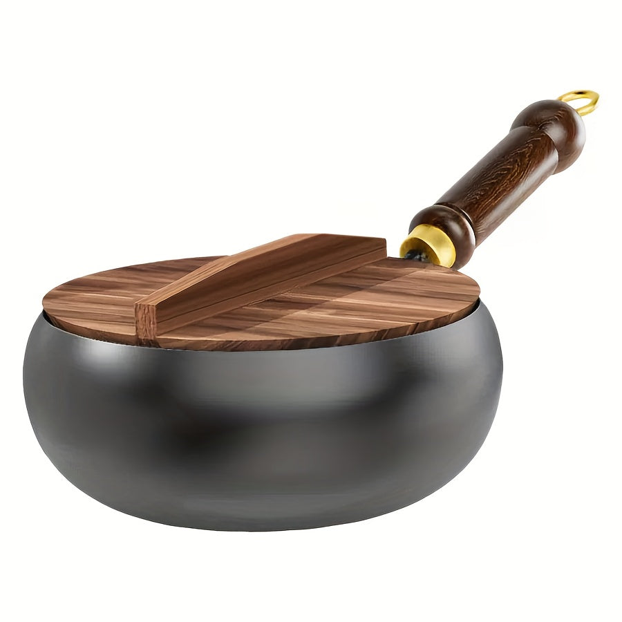 LDQ 1pc Cast Iron Pan Splash Resistant Design Rust Proof Durable Construction Even Heat Distribution Healthy Cooking Essential for Indoor Outdoor Use Oven Safe Wooden Handle Pans for Cooking Indoor Kitchenware Perfect Gifts f