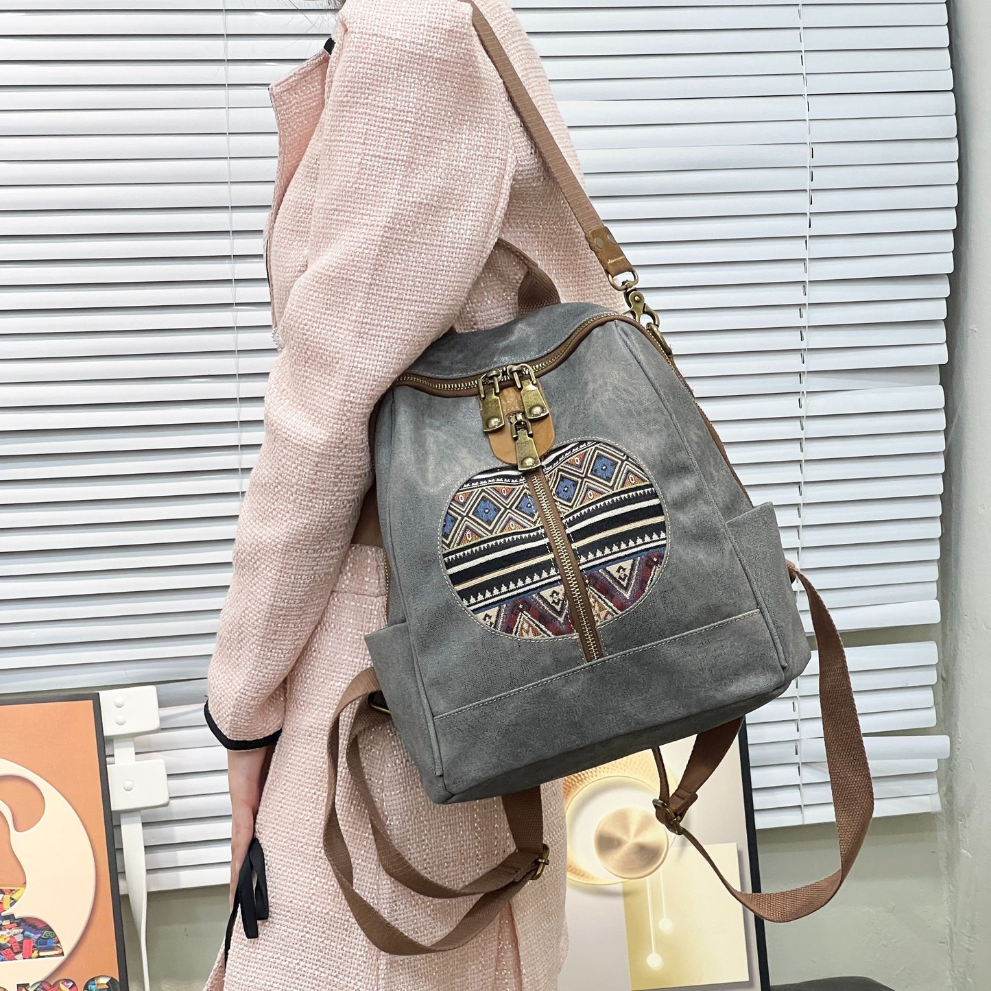 Bohemian Tribal Print Canvas Backpack with Adjustable Straps & Metal Hardware - Convertible Single/Double Shoulder Casual Daypack for Travel, School, Shopping - Zipper Closure & Polyester Lining, Backpack for Travel, Geometri