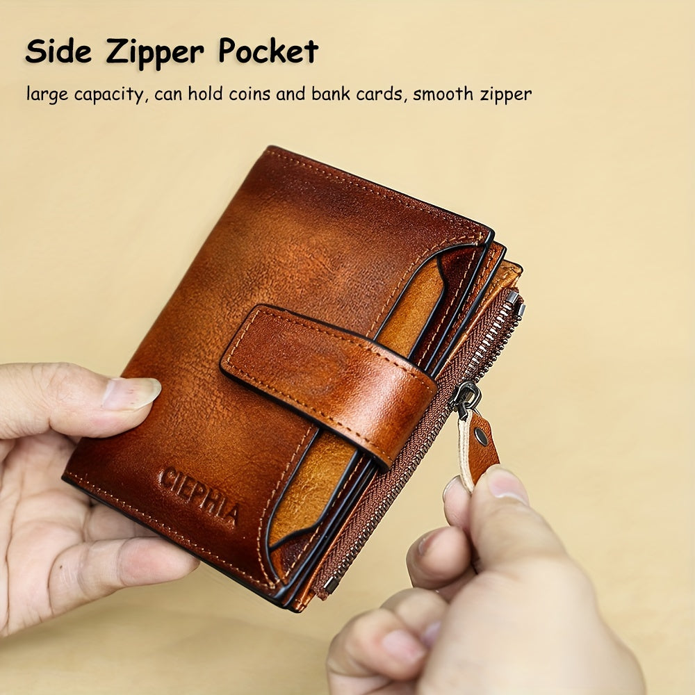 1pc CIEPHIA Men's Genuine Leather Wallet - RFID Blocking -Theft, Vintage Brown (Dark tan/, with Zipper Closure, 17-Card Holder, Coin Pocket, ID Window, Multi-Compartment - Heavy-Duty Full-Feature Wallet for Men, Ideal Gift fo