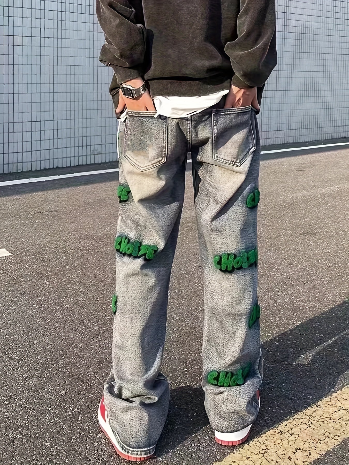 Embroidery Cotton Baggy Jeans, Men's Casual Creative Street Style Denim Pants For Spring Summer