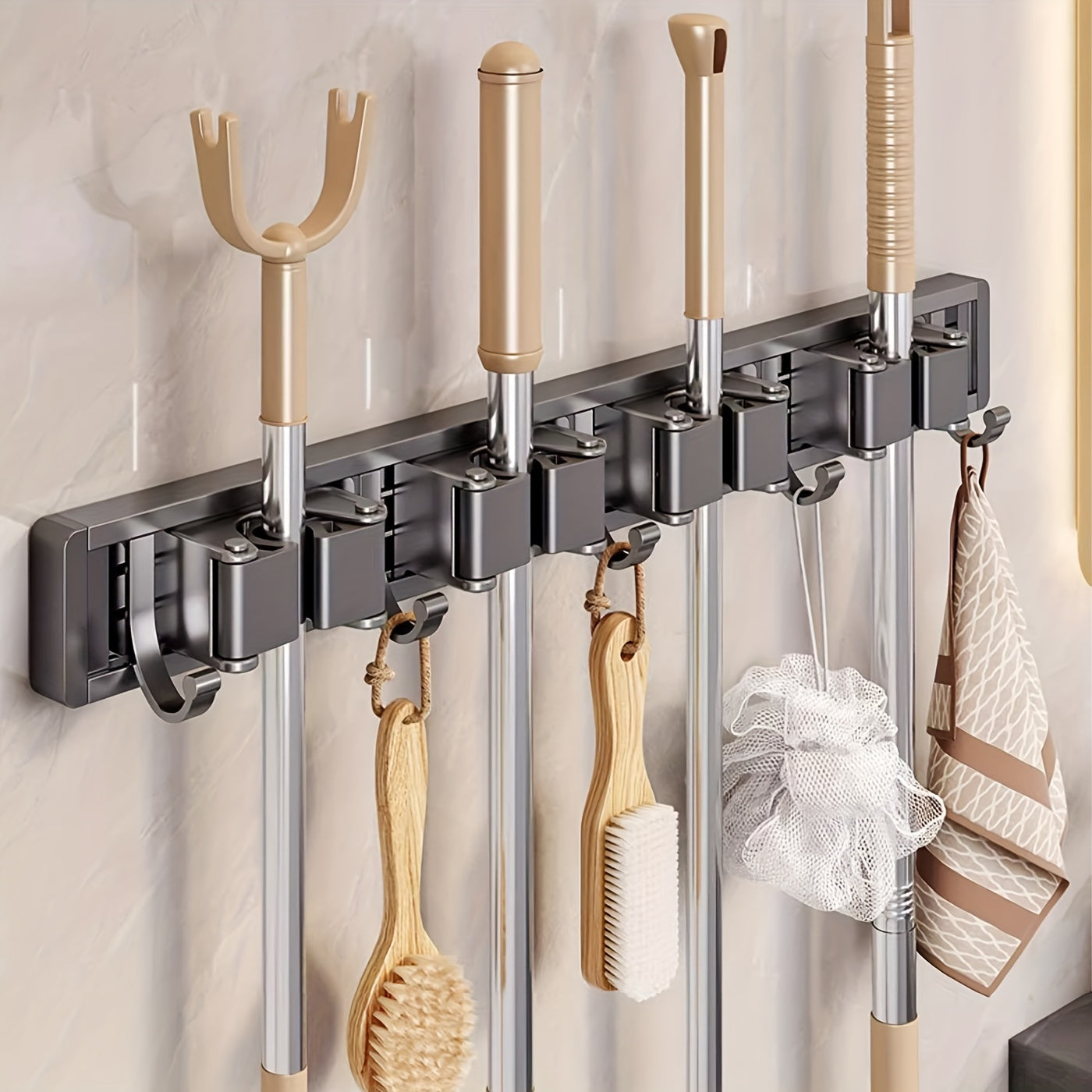 Bathroom Storage Rack Metal Mop & Broom Holder with Adjustable Hooks, Wall-Mounted Storage Organizer for Home, Kitchen, Garden, Laundry, Garage - Lacquered, Space-Saving Shelf for Mops, Brooms, Tools, Shelves