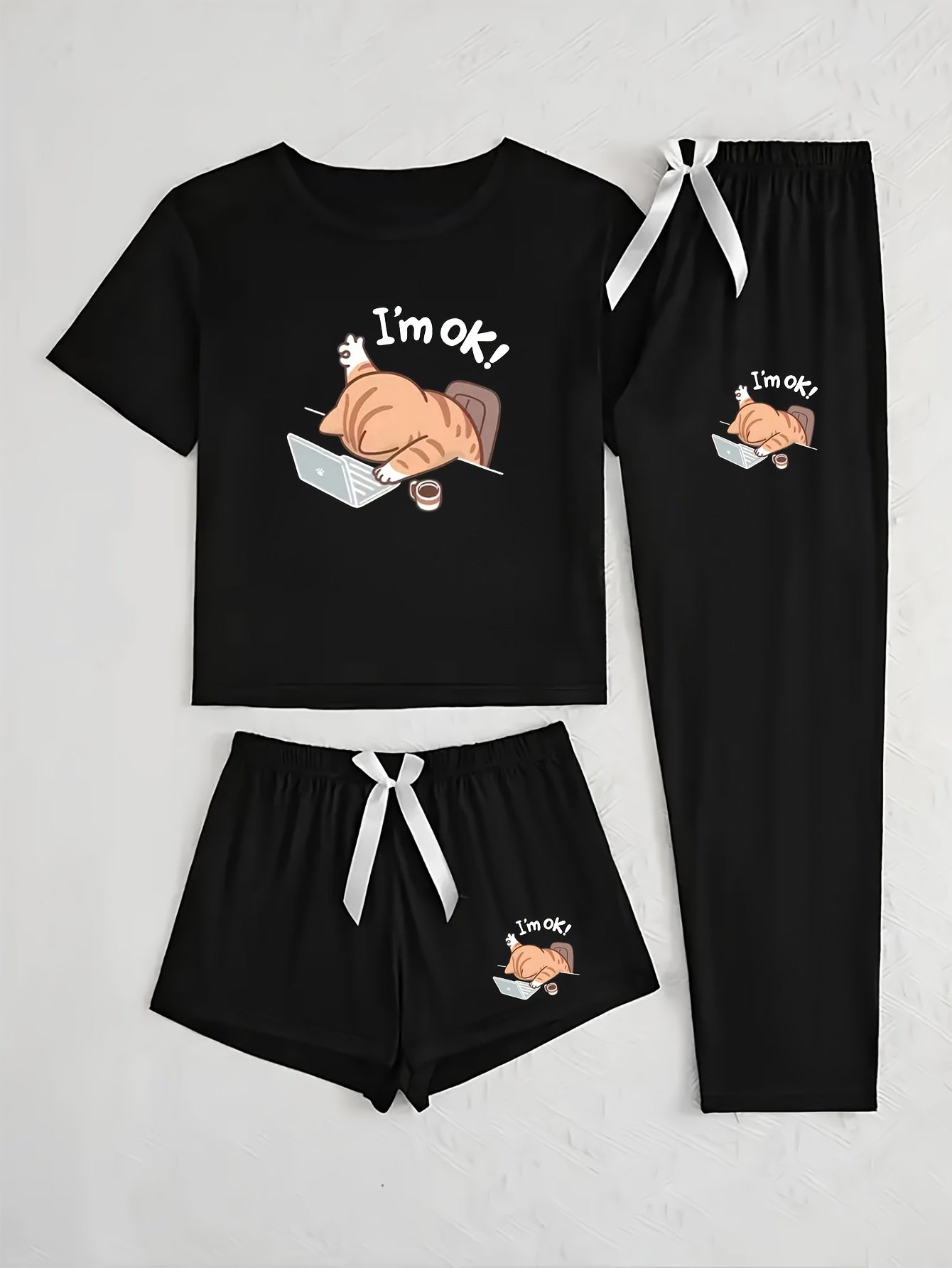 Women's 3pcs Pajama Set, Cartoon Work Kitten Print Short Sleeve Pajamas, Shorts and Longs - Bow Style, Suitable for Multiple Seasons