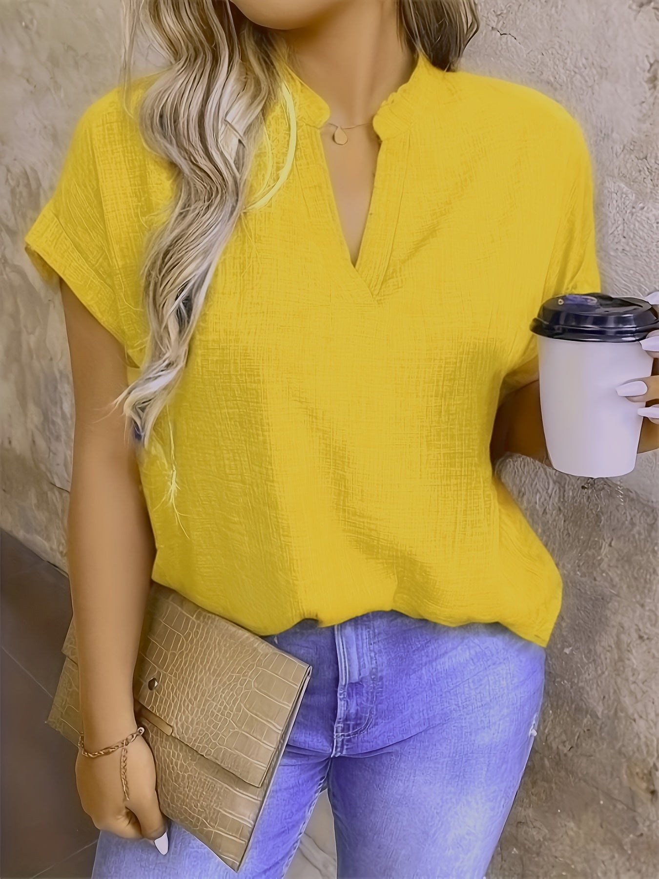 Women's Casual V-Neck Blouse with Small Stand-Up Collar - Vibrant Yellow Solid Color, Regular Fit, Machine Washable, Versatile for Spring Summer Fall, Seasonal Fashion Top, Sophisticated Casualwear, Lightweight Fabric, Everyd