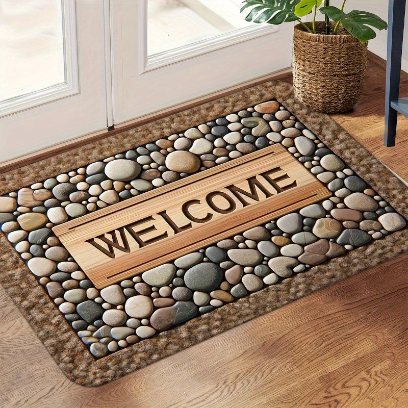 2D Welcome Home Non-Slip Door Mat - Durable, Machine Washable Mat with Stone Pattern & Wood Texture Design - Perfect for Farmhouse Decor, All-Season Use, Polyester Material, Welcoming Entrance Mat | Natural Look Rug | Wooden