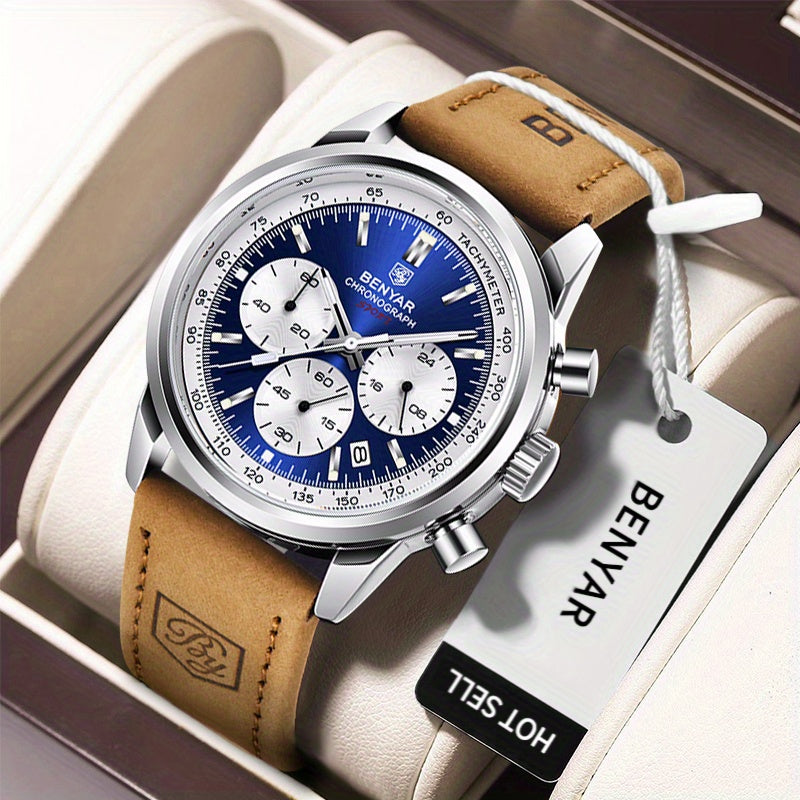 BENYAR Top Brand Men's Watches Sport For Men Multifunction Chronograph Black Fashion Quartz Wristwatches Calendar With Leather Strap